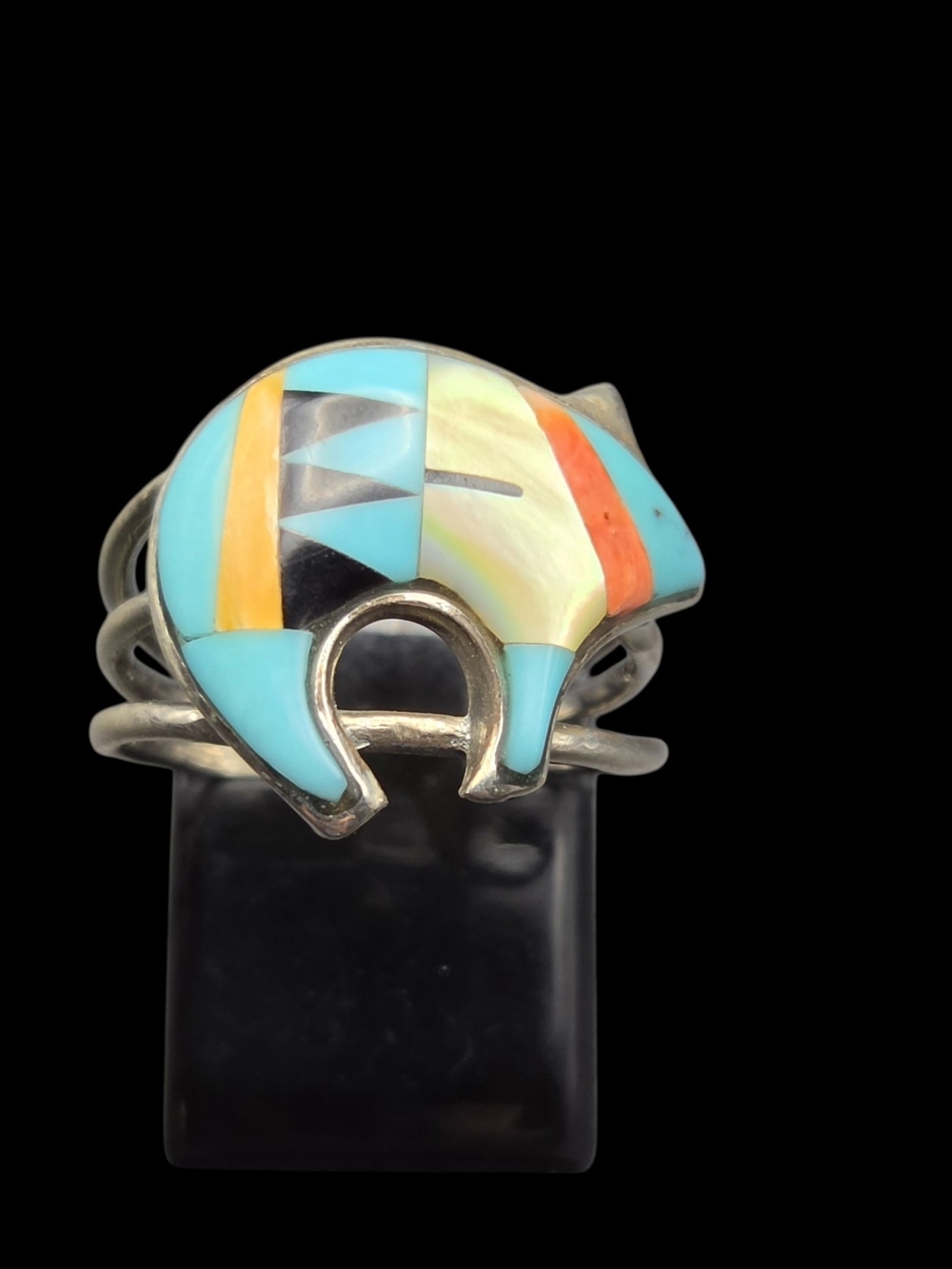 Turquoise Multi-Inlay Bear Ring - Women's Silver Statement 6.75